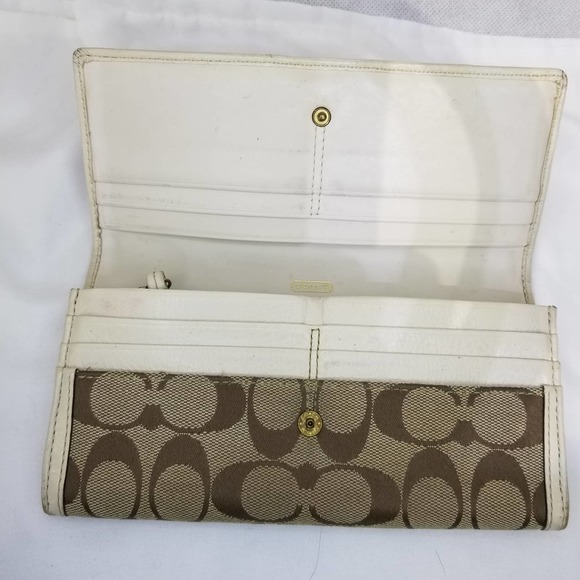 Coach Brown Signature Wallet Long Flap Front Jacquard Logo C Leather Ivory - Picture 9 of 12